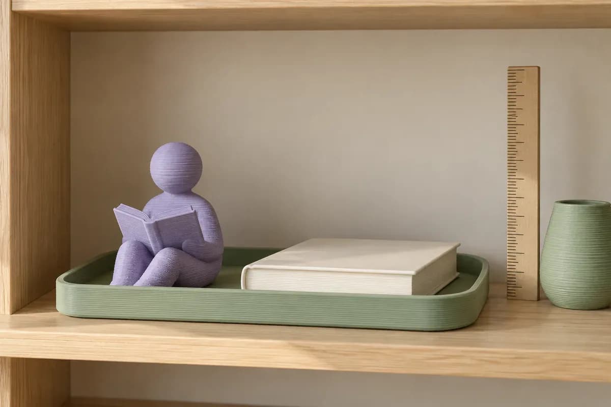 فیگور کتاب‌خوان و کتاب داخل سینی روی قفسه در کنار خط‌کش